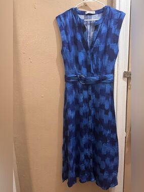 Mango Blue Patterned Sleeveless Belted Midi Dress